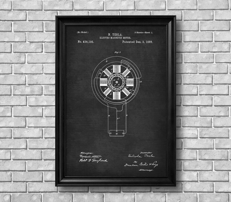 May include: Black and white patent drawing of Nikola Tesla's electro magnetic motor, patent number 416,195, patented December 3, 1889.