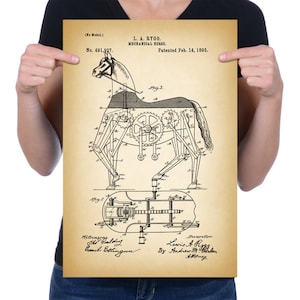 Vintage 1893 &quot;Mechanical Horse&quot; Patent Drawing, Retro Art Print Poster, Canvas, Wall Art, Home Decor, Unusual, Horseback Riding, Gift Idea