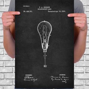 Vintage 1890 "Lamp" by Thomas Edison, Patent Drawing, Retro Art Print Poster, Canvas, Wall Art, Home Decor, Light Bulb Invention, Gift Idea