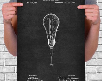 Vintage 1890 "Lamp" by Thomas Edison, Patent Drawing, Retro Art Print Poster, Canvas, Wall Art, Home Decor, Light Bulb Invention, Gift Idea