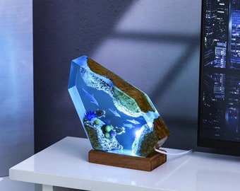 Dolphin and Sea Turtles Ocean Epoxy Resin Wood Lamp Night Light Unique Her Him Mom Dad Kid Lover Fans Christmas Handmade