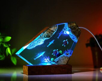 Dolphin and Sea Turtles Ocean Epoxy Resin Wood Lamp Night Light Unique Mom Dad Kid Lover Fans Christmas Art Handmade