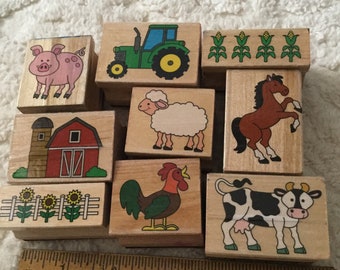 Farm Themed Wood Mounted Stamp Lot - 9 Different Designs