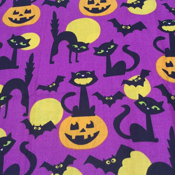Fun Black Cat Bat and Pumpkins Print Fabric Lot - 2 Pieces - PLEASE READ