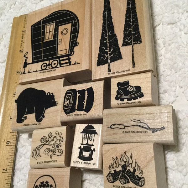 Camping Themed Wood Mounted Rubber Stamp Lot - 10 Different Pieces