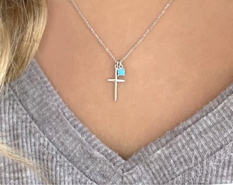 Sterling Silver Cross Necklace, Opal Cross Necklace, 925 Sterling Silver  Tiny Cross Necklace, Religious Necklace, Dainty Cross Necklace