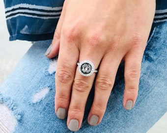 Sterling Silver Monogram Ring, Sterling Silver Initial Ring, Sterling Silver Engraved Ring, Sterling Silver Sage Ring