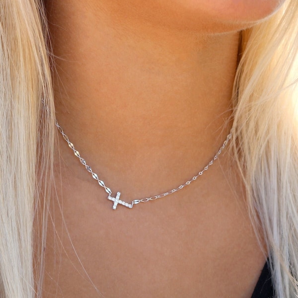 Sterling Silver Cross Necklace, Sterling Silver Sideways Cross Necklace, Tiny Cross Necklace, Cross Choker Necklace, Trendy Cross Necklace