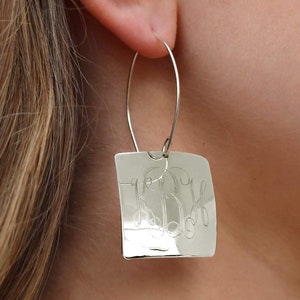 Personalized Square Silver Monogram Earrings - Elegant Dangle Design, Custom Initials Gift for Her