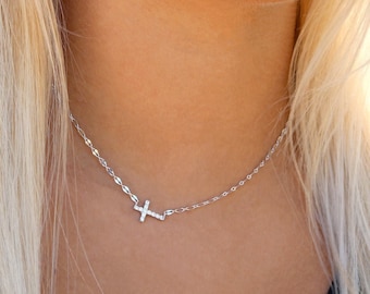 Sterlingzilveren kruisketting, sterlingzilveren zijwaartse kruisketting, kleine kruisketting, kruischokerketting, trendy kruisketting