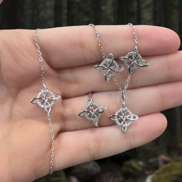 Sterling Silver 925 Quaternary Celtic Knot, Nudo de Bruja set, Spiritual Jewelry, Witch Jewelry, Celtic Cross Necklace