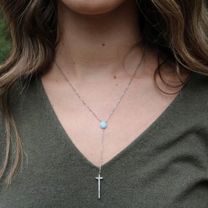 Opal Sterling Silver Cross Drop Down Necklace, Y Necklace, Dainty Cross Necklace, Silver Cross Necklace Woman