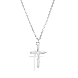 925 Sterling Silver Double Solid & Baguette CZ Cross Necklace