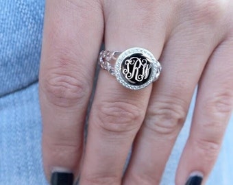 Elegant Engravable Monogram Sterling Silver Circle CZ Ring, Initials Ring, Promise Ring