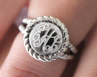 Sterling Silver Monogram Ring, Sterling Silver Rope Ring, Monogram Rope Ring,  Initials Ring, Rope Design Ring, Rope Split Band Ring