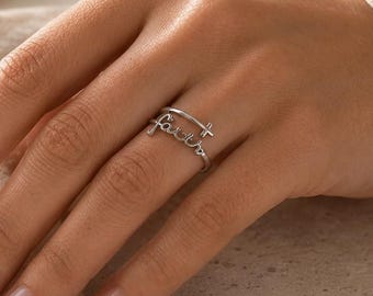 Sterling Silver Faith Ring with Cross | Christian Script Ring | Dainty Religious Jewelry | Inspirational Gift for Women | Minimalist Jewelry