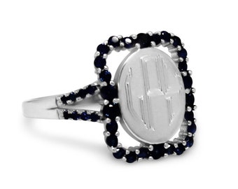 Anello in argento sterling con monogramma inciso con pietre blu, anello Sophie, anello con iniziali
