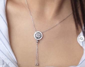 Sterling Silver Monogram Necklace, Name Necklace, Personalized Necklace, Sterling Silver Tassel Necklace, Engraved Necklace, Gifts for Her