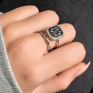 Sterling Silver CZ Rectangle Monogram Ring, Rope Band Stackable Ring