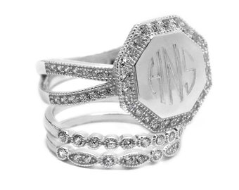 Sterling Silver Monogram Ring Set, Stackable Ring Set, Octagon Ring, Split Band, Dainty Rings, Stacking Ring Set, Wedding Bands, Custom Ring