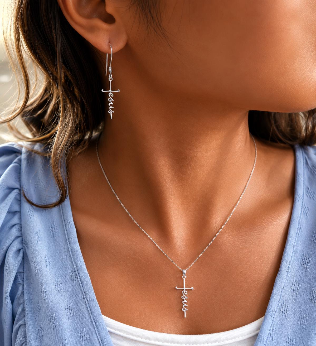 Sterling Silver Jesus Cross Necklace Earrings Set Cursive Script Faith Jewelry