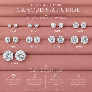 May include: A CZ stud size guide displays various sterling silver stud earrings. The earrings range in size from 3mm to 12mm, with each pair of studs presented on a pink background. Text at the top reads "CZ STUD SIZE GUIDE".