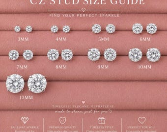 Sterling Silver CZ Stud Earrings, Round Cubic Zirconia Studs, 3mm–12mm