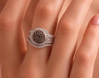 スターリングシルバーモノグラムスタッカブルリング、スターリングシルバースタッカブルリング、スターリングシルバーマヒスタッカブルリングセット、トレンディリング