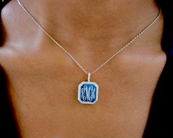 Customized Sterling Silver Square Monogram Pendant: Engraved Initial Necklace for Personalized Gifts, Custom Gold Initial Necklace