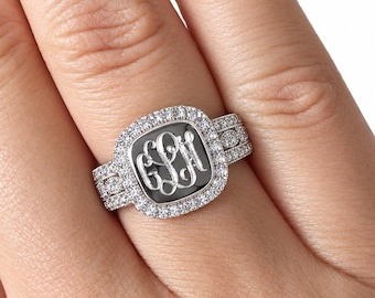 Personalized Sterling Silver Monogram Ring, Custom Initials, CZ Statement Jewelry