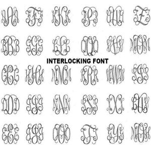 May include: A chart of 25 different interlocking monogram fonts, each showing a different combination of two or three letters. The chart is titled "Interlocking Font".