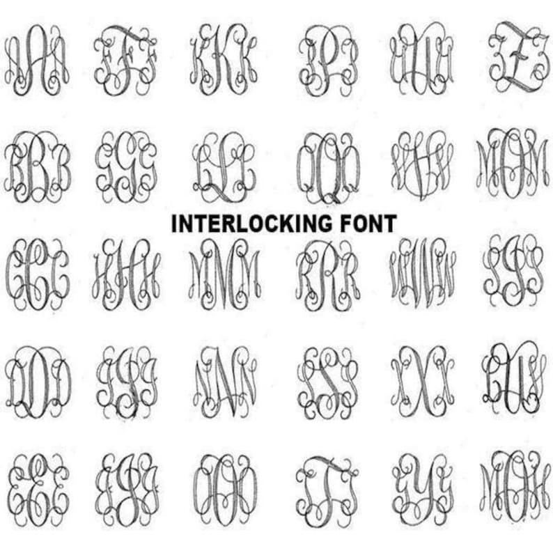 May include: A chart of 25 different interlocking monogram fonts, each showing a different combination of two or three letters. The chart is titled "Interlocking Font".