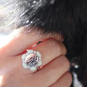Personalized Sterling Silver Opal Monogram Ring - Elegant Initial Jewelry Gift for Her