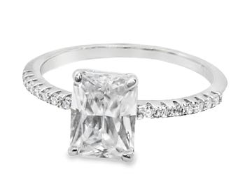 Sterling Silver Emerald Cut Moissanite Engagement Ring,  6MM*8MM 2.0CT Emerald Cut Moissanite Engagement Ring, Emerald Cut Moissanite Ring