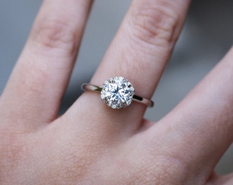 Sterling Silver Moissanite Halo Engagement Ring, Bridal Ring