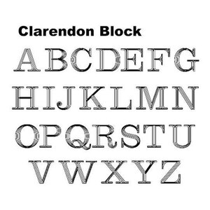 May include: Black and white alphabet font in Clarendon Block style. The letters are uppercase and have a bold, blocky appearance.