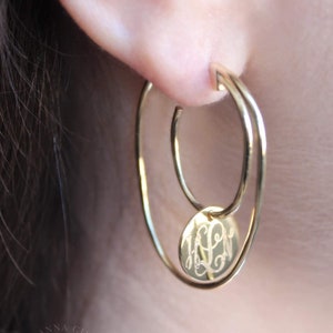 Monogram Hoop Earrings, Monogram Earrings, Engraved Earrings, Engraved Disc Double Hoop Earrings, Stainless Steel Monogram Earrings