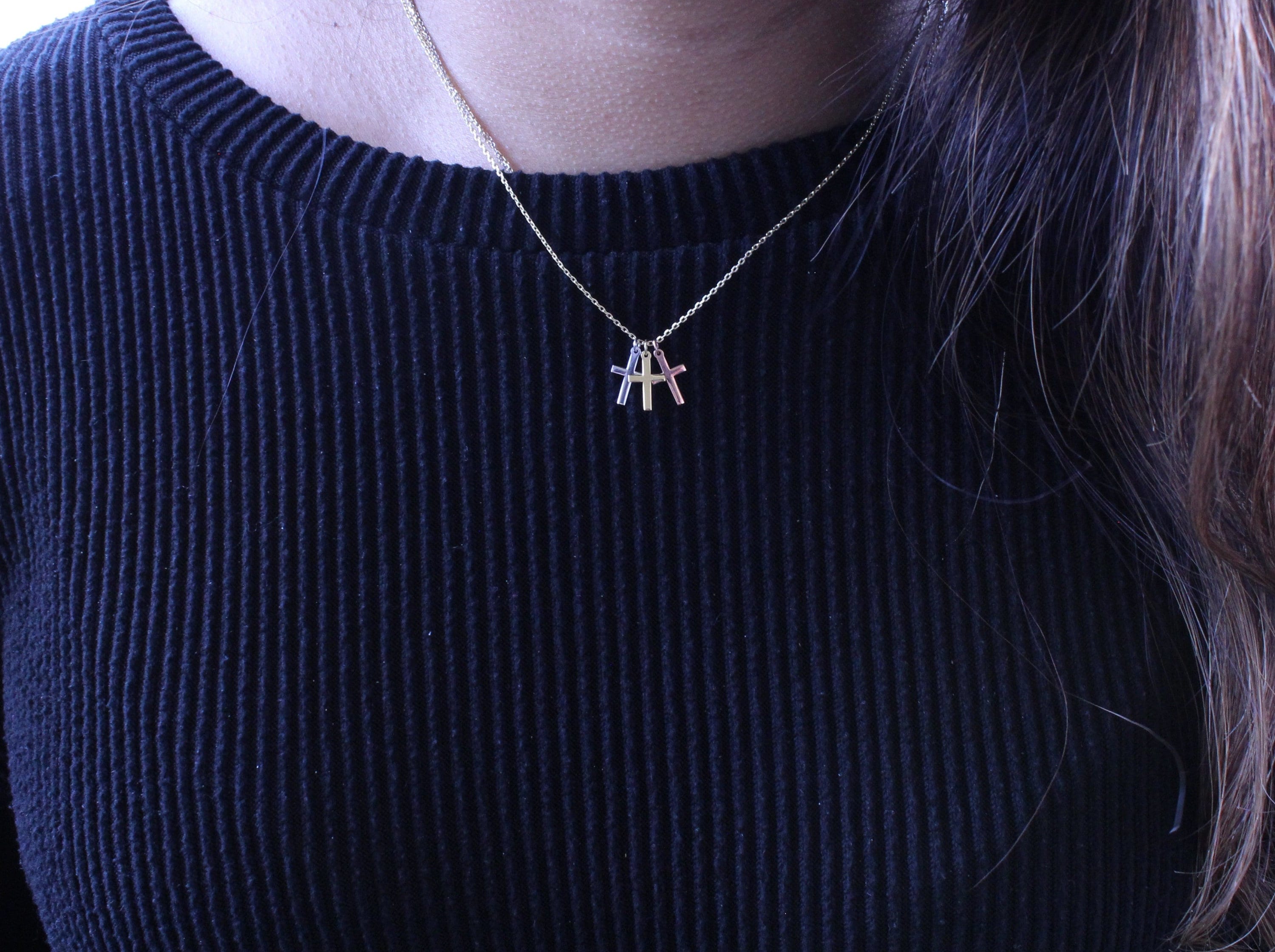 Sterling Silver Tri Tone Cross Charm Necklace, Cross Charm