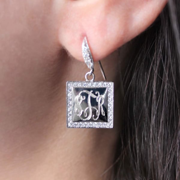 Sterling Silver Square Monogram Earrings, Square Monogram Earrings, Drop Down Initial Earrings, Personalized Earrings, Engraved Earrings