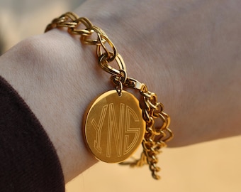 Stainless Steel Engravable Charm Link W/ Pattern Design Bracelet, Monogram Bracelet