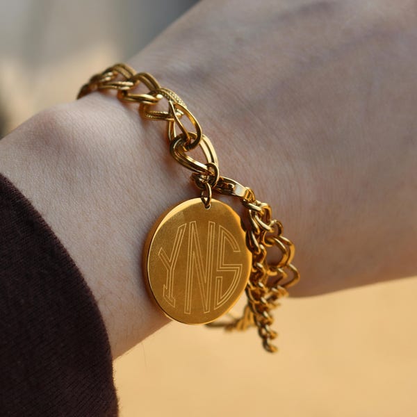 Stainless Steel Engravable Charm Link W/ Pattern Design Bracelet, Monogram Bracelet