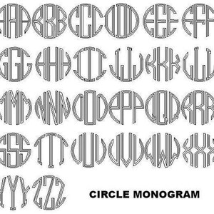 May include: Black and white alphabet letters A through Z in a circle monogram style. The letters are outlined in black and have a white interior.