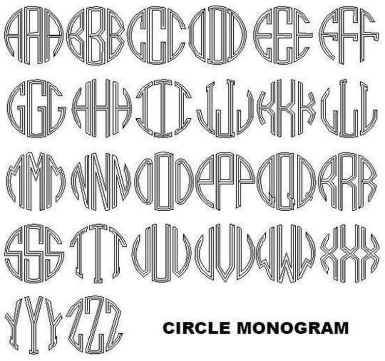 May include: Black and white alphabet letters A through Z in a circle monogram style. The letters are outlined in black and have a white interior.
