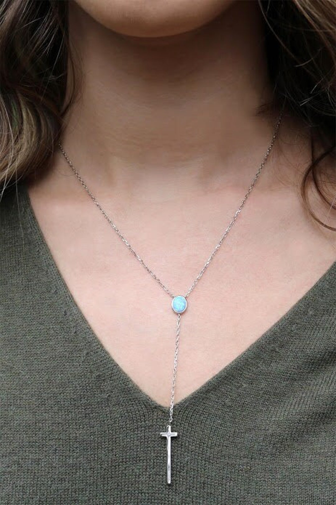 Opal Sterling Silver Cross Drop Down Necklace, Y Necklace, Dainty Cross