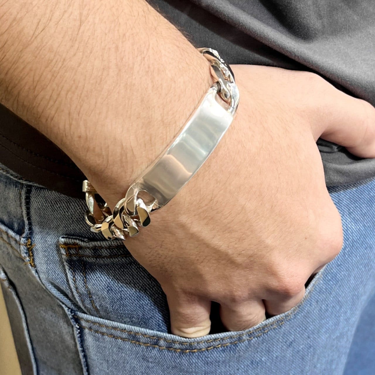 Sterling Silver 925 Link ID Bracelet, Thick Men Bracelet