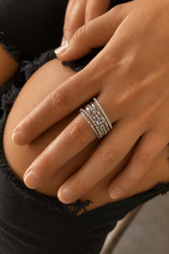 Stackable Ring Set of 6 Sterling Silver | Mixed Texture Band Stack | Boho Minimalist Ring Set | Birthday Gift for Women