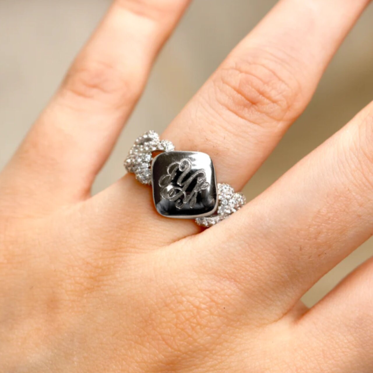 Ko Raya Ring Sterling Silver Monogram Ring, Sterling Silver Engraved Raya Ring, CZ ...