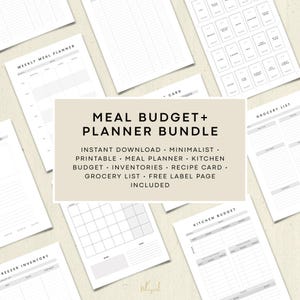 May include: A selection of printable planner pages, including a weekly meal planner, grocery list, and kitchen budget. The central text reads "Meal Budget + Planner Bundle" with details about the contents. The pages are arranged on a light-coloured surface.