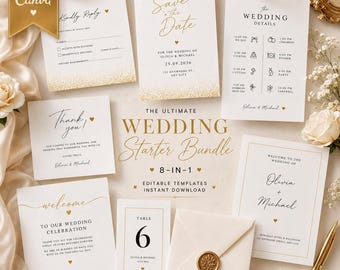 Minimalist White, Gold & Black Wedding Starter Bundle | Editable Canva Templates | Modern Elegant Wedding Signage, Stationery