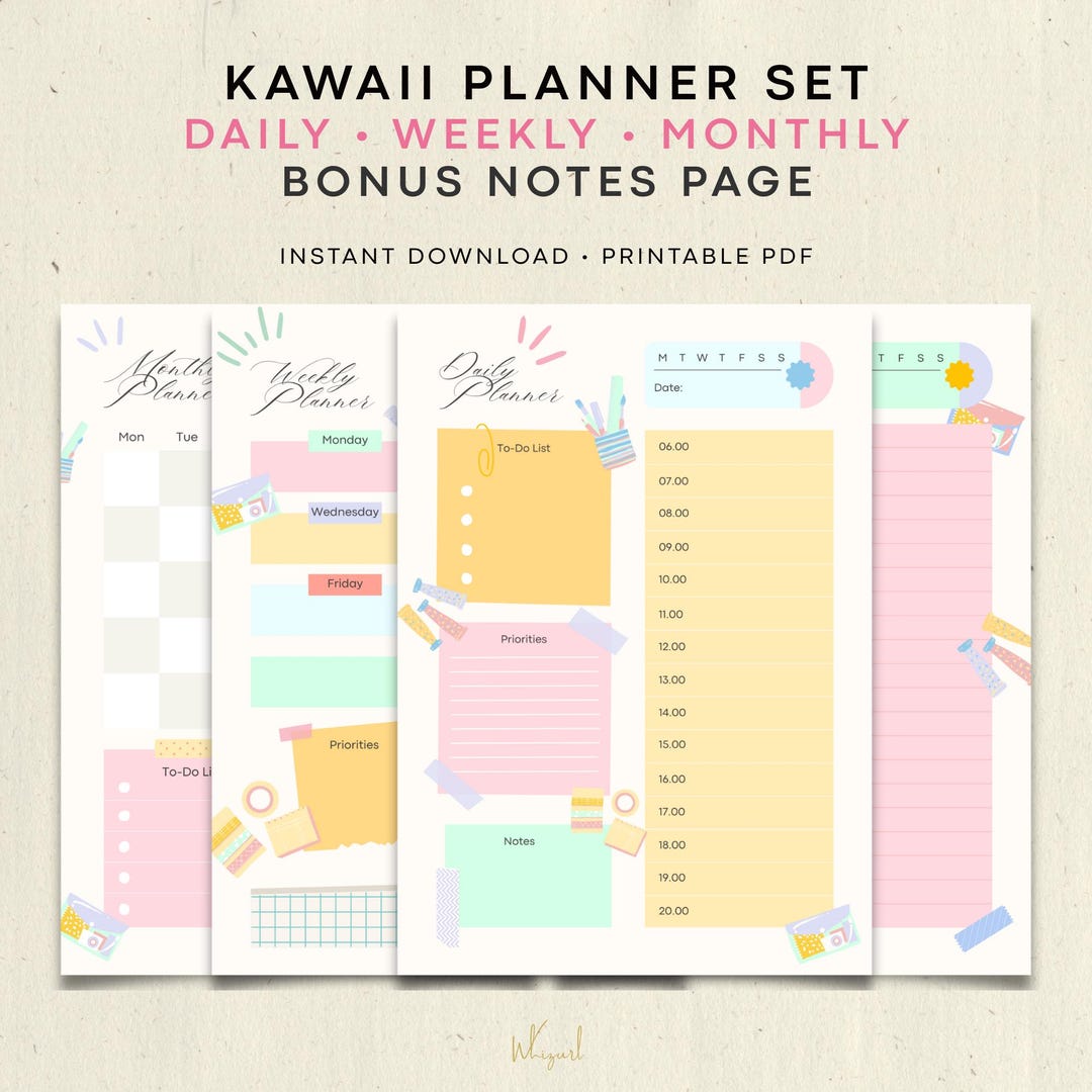 Kawaii Daily, Weekly & Monthly Planner Set | Cute Pastel Pages | A4-A6 ...